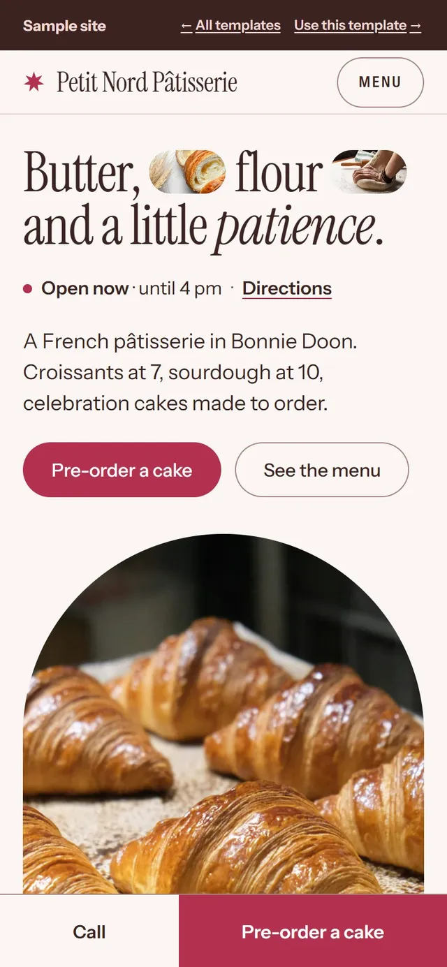 Petit Nord Pâtisserie, a sample website for a fictional restaurant, on a phone