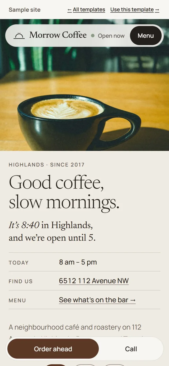 Morrow Coffee, a sample website for a fictional restaurant, on a phone