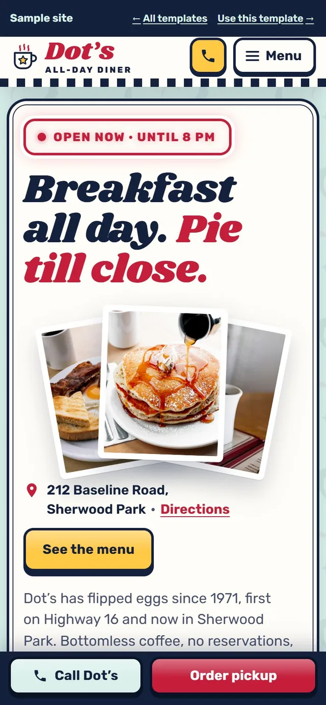 Dot’s All-Day Diner, a sample website for a fictional restaurant, on a phone