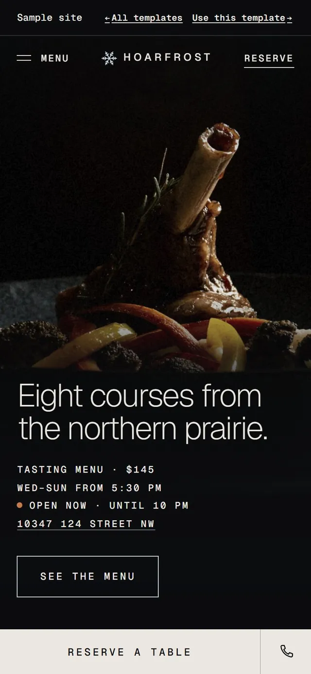 Hoarfrost, a sample website for a fictional restaurant, on a phone