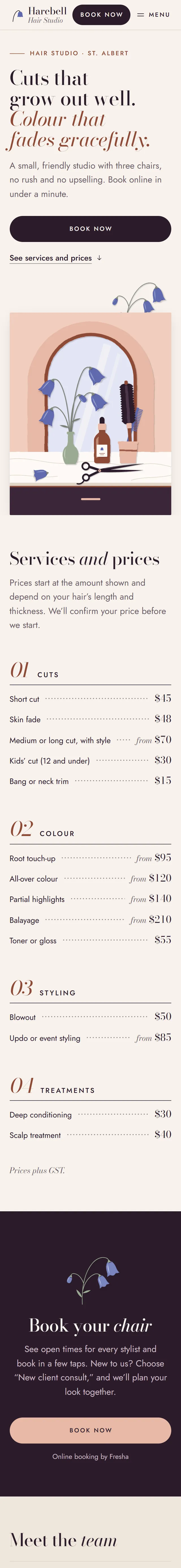The sample site for Harebell Hair Studio, a fictional salon, on a phone. It shows a Book now button and a price list for cuts and colour.