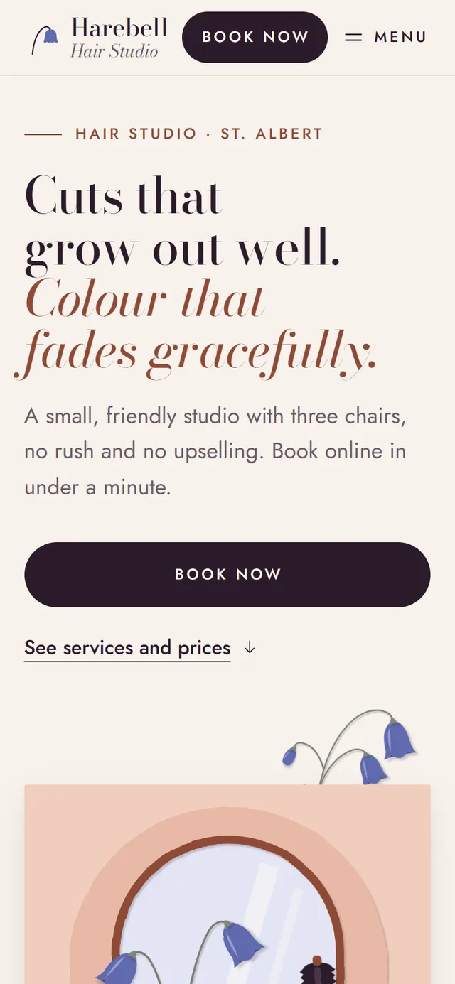 The sample site for Harebell Hair Studio, a fictional salon, on a phone. It shows a Book now button and a price list for cuts and colour.
