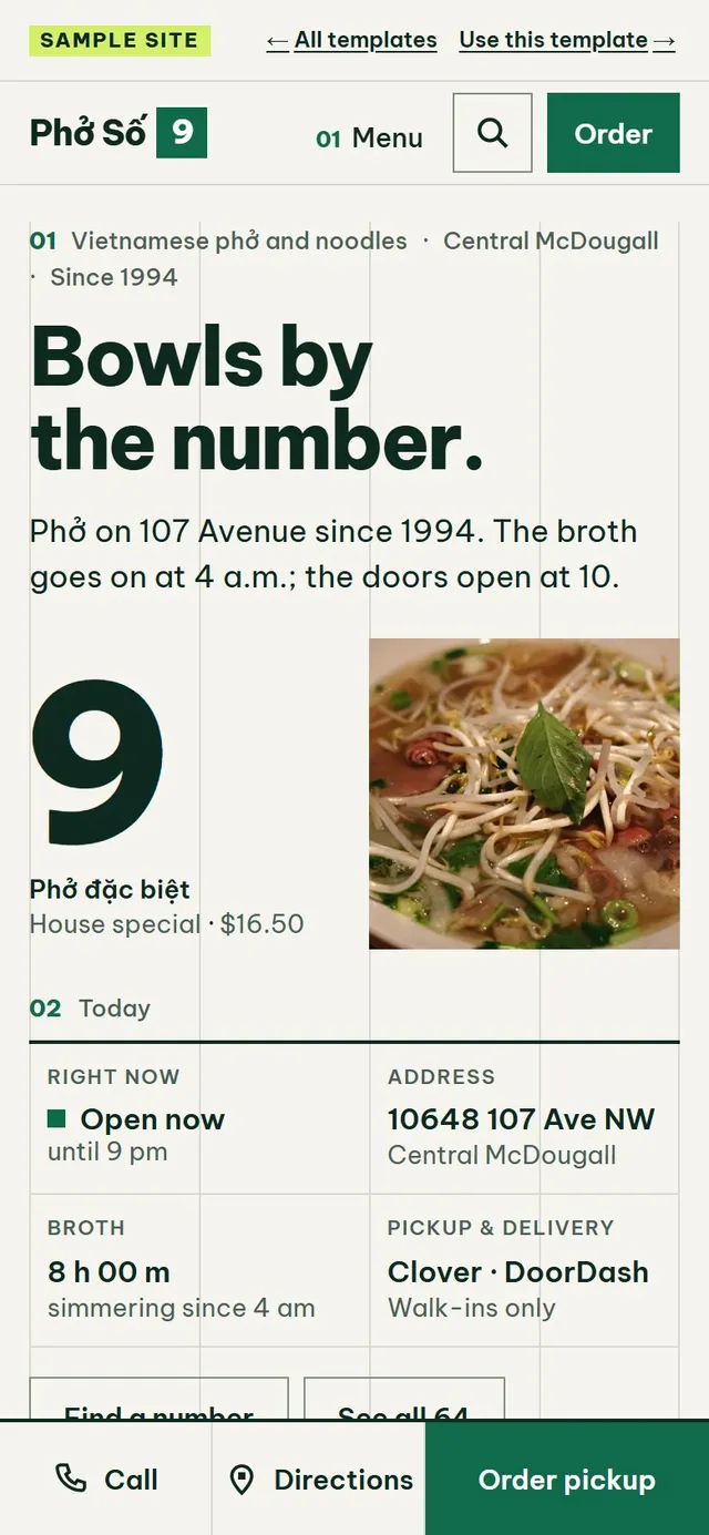 Phở Số 9, a sample website for a fictional restaurant, on a phone