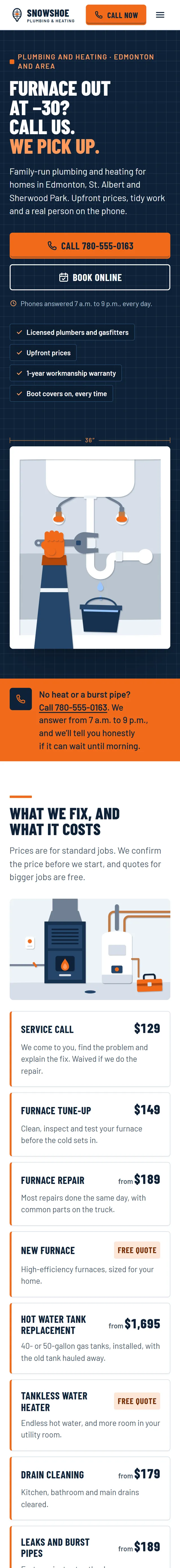 The sample site for Snowshoe Plumbing & Heating, a fictional company, on a phone. It shows a Call now button and a list of services with prices.