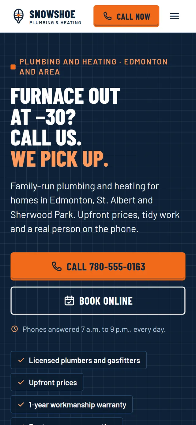 The sample site for Snowshoe Plumbing & Heating, a fictional company, on a phone. It shows a Call now button and a list of services with prices.