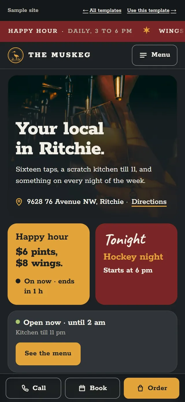 The Muskeg, a sample website for a fictional restaurant, on a phone
