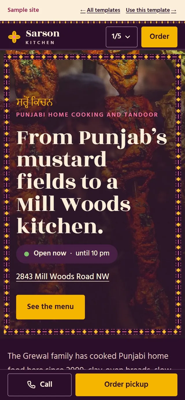 Sarson Kitchen, a sample website for a fictional restaurant, on a phone
