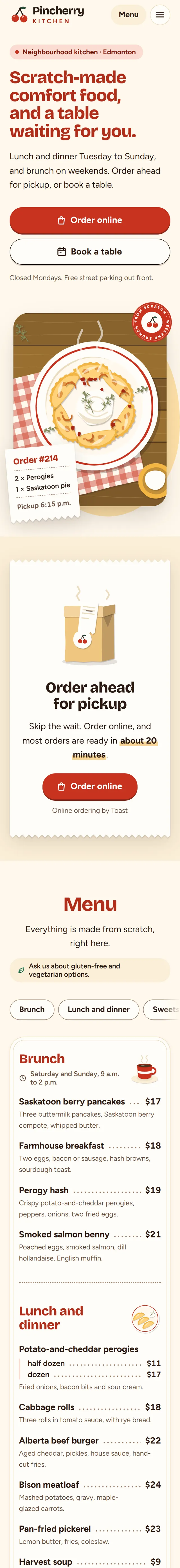 The sample site for Pincherry Kitchen, a fictional restaurant, on a phone. It shows a plate of perogies, an Order online button and a Book a table button.