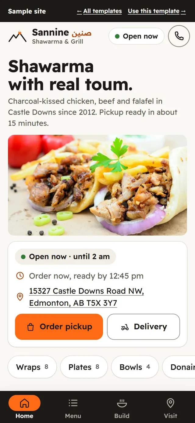 Sannine Shawarma & Grill, a sample website for a fictional restaurant, on a phone