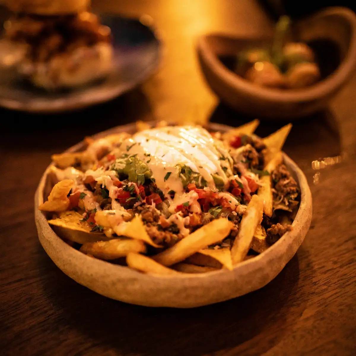 A bowl of fries topped with spiced beef, pico de gallo, guacamole and sour cream